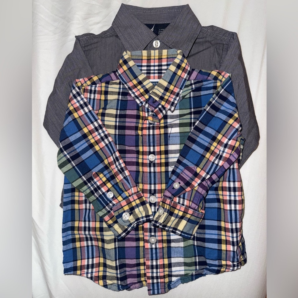 Janie and Jack Multicolor Plaid Shirt and Nautica grey button down shirt lot